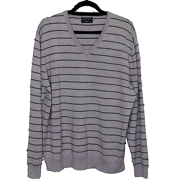 𝅺CLUB Room Gray Striped V Neck Sweater Size Large - Picture 1 of 7
